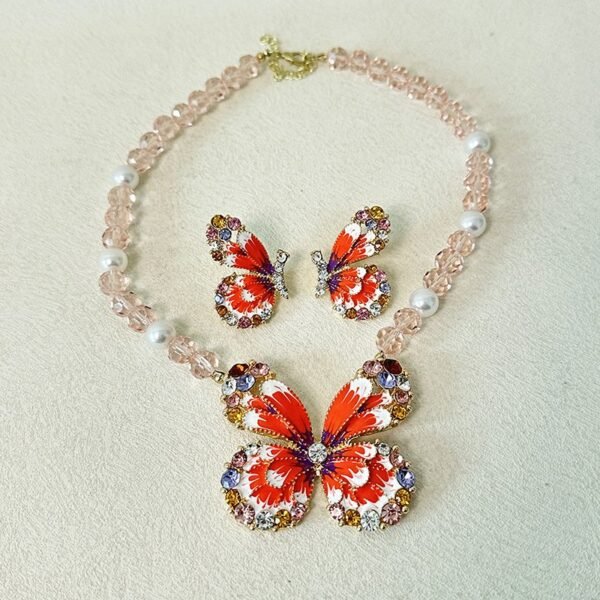 Orange Enamel Color Colorful Rhinestone Inlaid Butterfly Stud Earrings Pink Bead Chain Pendant Necklace Jewelry Sets - Image 4
