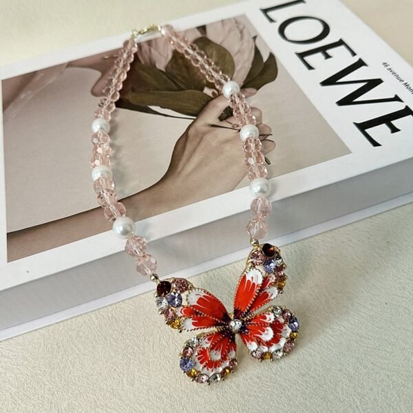 Orange Enamel Color Colorful Rhinestone Inlaid Butterfly Stud Earrings Pink Bead Chain Pendant Necklace Jewelry Sets - Image 3