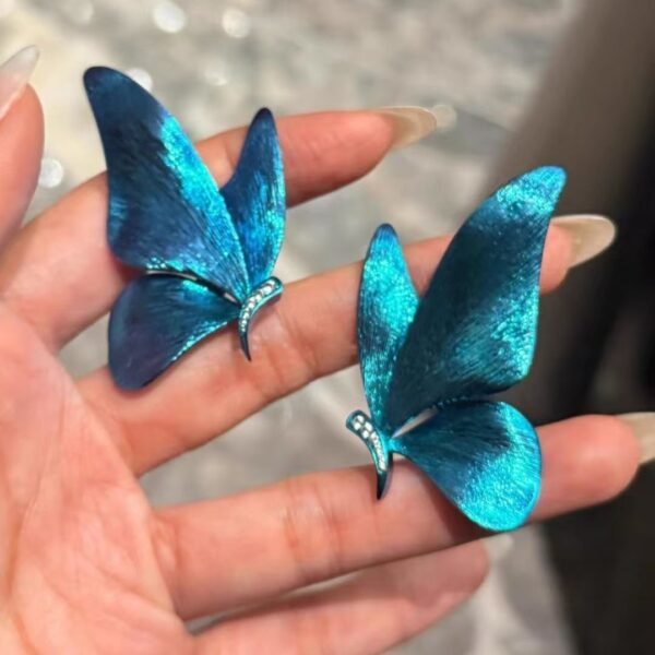 Magical Blue Sparkle Dreamy Line Drawing Butterfly Stud Earrings - Image 2