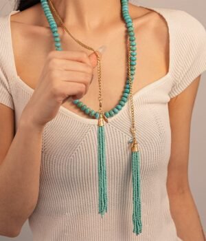 Beads Strand Versatile 50" Long Wrap Necklace Turquoise Stone Waist Belt Handmade Knotted Multi Layer Bead Tassel Sweater Chain