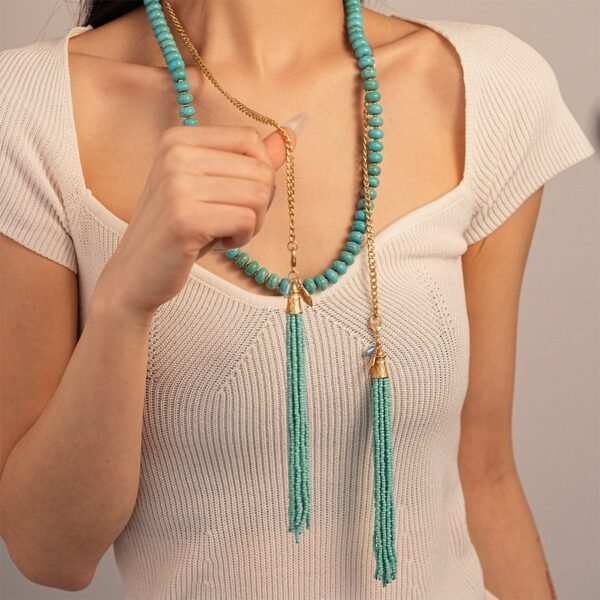 Beads Strand Versatile 50" Long Wrap Necklace Turquoise Stone Waist Belt Handmade Knotted Multi Layer Bead Tassel Sweater Chain