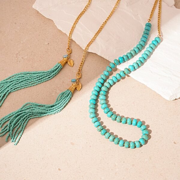 Beads Strand Versatile 50" Long Wrap Necklace Turquoise Stone Waist Belt Handmade Knotted Multi Layer Bead Tassel Sweater Chain - Image 4