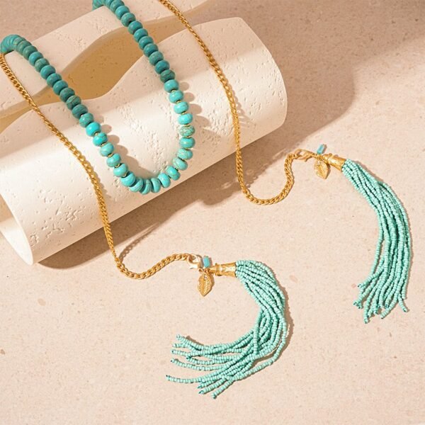 Beads Strand Versatile 50" Long Wrap Necklace Turquoise Stone Waist Belt Handmade Knotted Multi Layer Bead Tassel Sweater Chain - Image 5