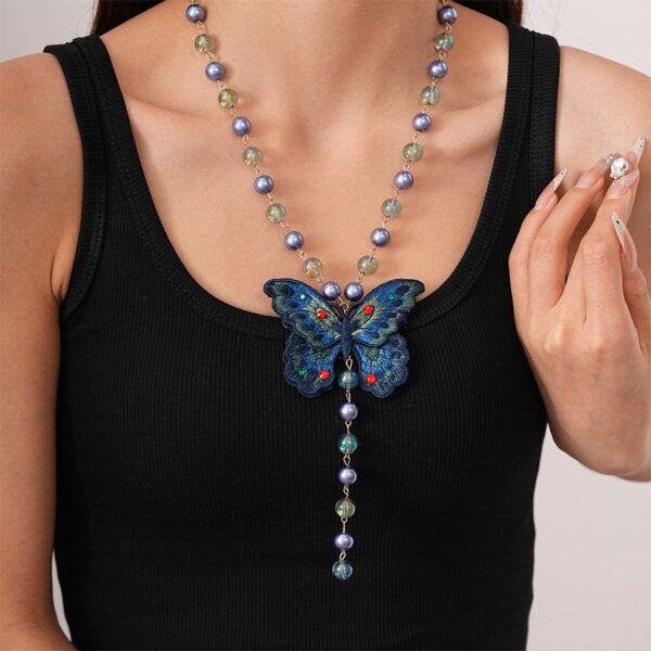 Blue Embroidery Butterfly Hoop Earrings Bead Chain Y Shape Long Necklace Jewelry Sets - Image 5