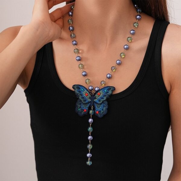 Blue Embroidery Butterfly Hoop Earrings Bead Chain Y Shape Long Necklace Jewelry Sets - Image 4