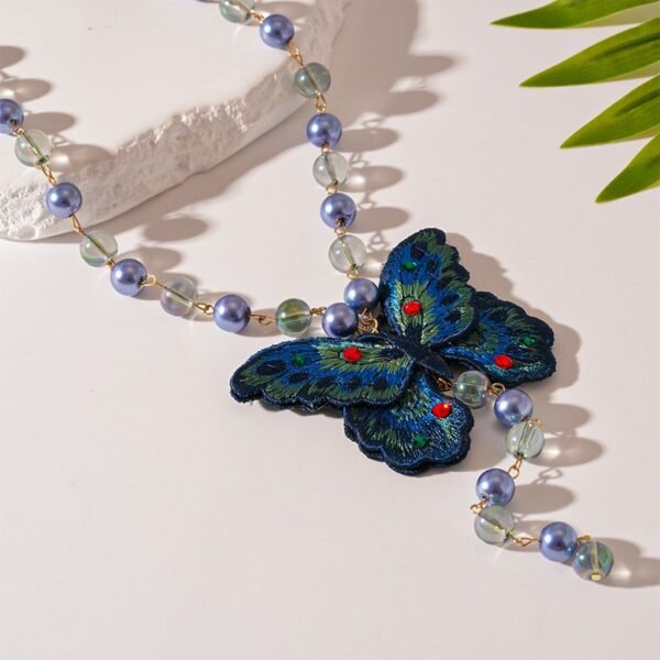 Blue Embroidery Butterfly Hoop Earrings Bead Chain Y Shape Long Necklace Jewelry Sets - Image 2