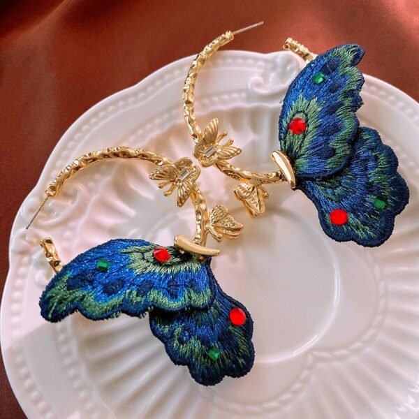Blue Embroidery Butterfly Hoop Earrings Bead Chain Y Shape Long Necklace Jewelry Sets
