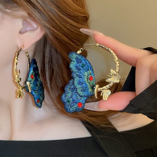 Blue Embroidery Butterfly Hoop Earrings Bead Chain Y Shape Long Necklace Jewelry Sets - Image 3