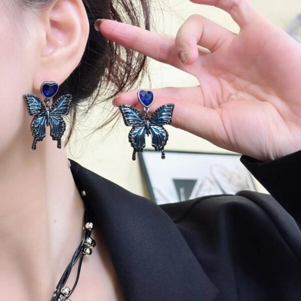 Gothic Style Dark Blue Enamel Color Butterfly Heart Shape Rhinestone Dangle Earrings Braided Leather Chain Pendant Necklace Choker Set - Image 4