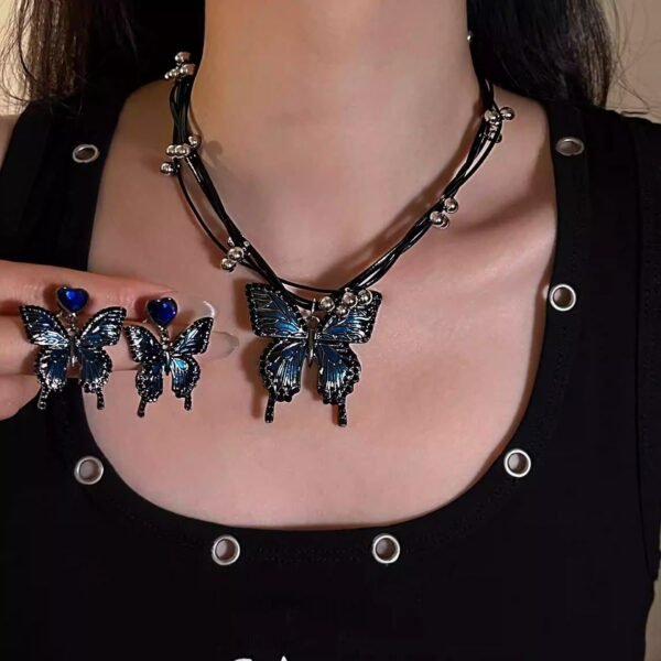 Gothic Style Dark Blue Enamel Color Butterfly Heart Shape Rhinestone Dangle Earrings Braided Leather Chain Pendant Necklace Choker Set