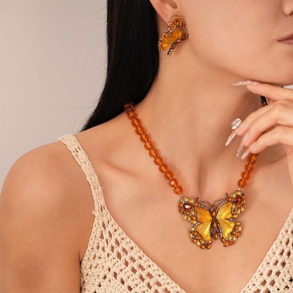 Gold Color Rhinestone Inlaid Yellow Glass Butterfly Stud Earrings Bead Chain Pendant Necklace Set - Image 2