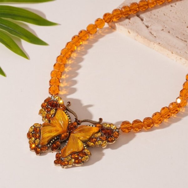 Gold Color Rhinestone Inlaid Yellow Glass Butterfly Stud Earrings Bead Chain Pendant Necklace Set - Image 7