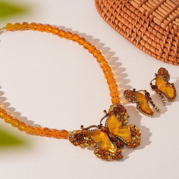 Gold Color Rhinestone Inlaid Yellow Glass Butterfly Stud Earrings Bead Chain Pendant Necklace Set - Image 5
