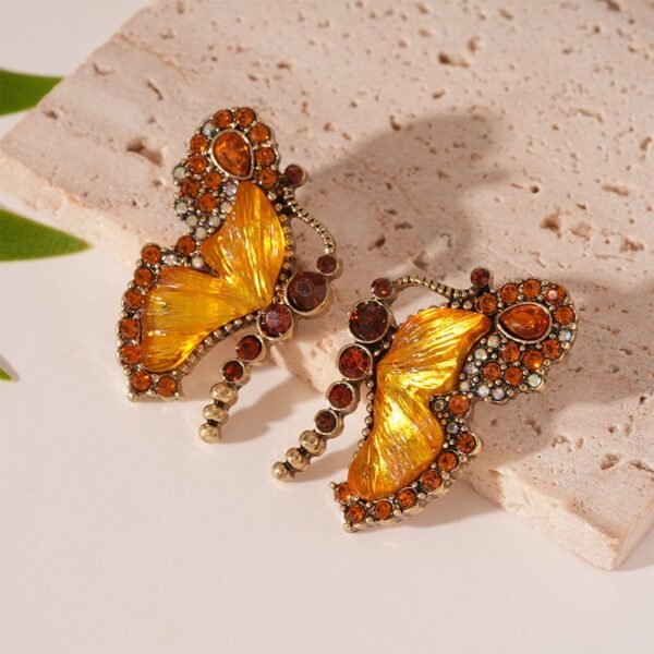 Gold Color Rhinestone Inlaid Yellow Glass Butterfly Stud Earrings Bead Chain Pendant Necklace Set - Image 6