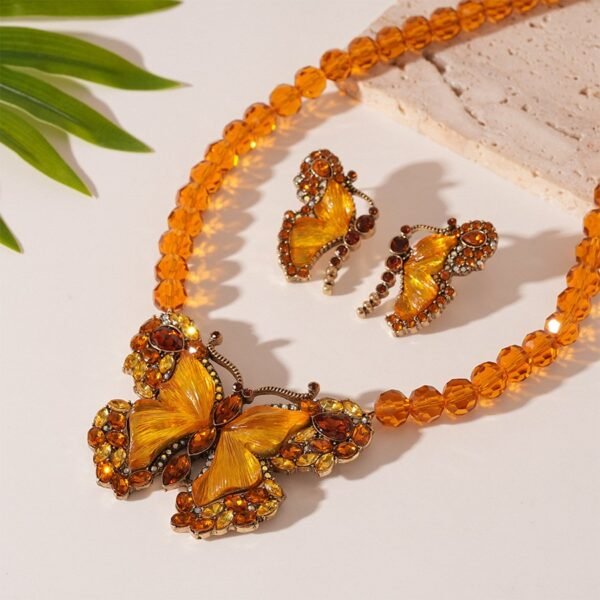 Gold Color Rhinestone Inlaid Yellow Glass Butterfly Stud Earrings Bead Chain Pendant Necklace Set
