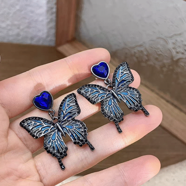 Gothic Style Dark Blue Enamel Color Butterfly Heart Shape Rhinestone Dangle Earrings Braided Leather Chain Pendant Necklace Choker Set - Image 6