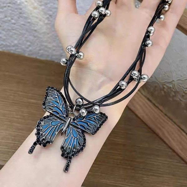 Gothic Style Dark Blue Enamel Color Butterfly Heart Shape Rhinestone Dangle Earrings Braided Leather Chain Pendant Necklace Choker Set - Image 3