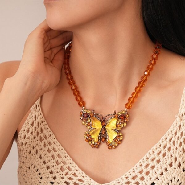Gold Color Rhinestone Inlaid Yellow Glass Butterfly Stud Earrings Bead Chain Pendant Necklace Set - Image 3