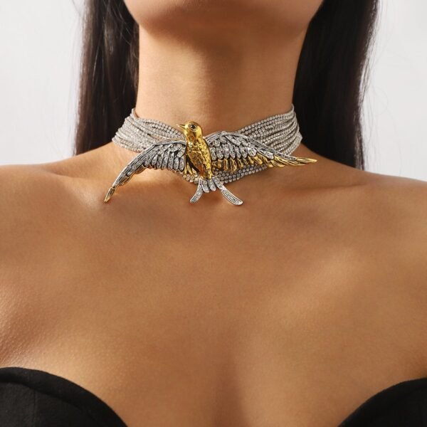 Sparkle Rhinestone Embelished Eagle Choker Multi Layered Chain Silver Gold Wing Bird Necklace - Image 2