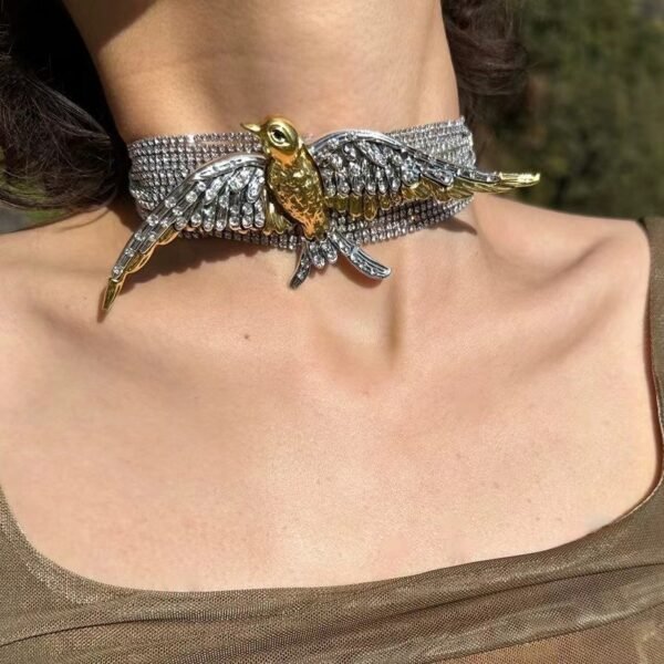 Sparkle Rhinestone Embelished Eagle Choker Multi Layered Chain Silver Gold Wing Bird Necklace - Image 5