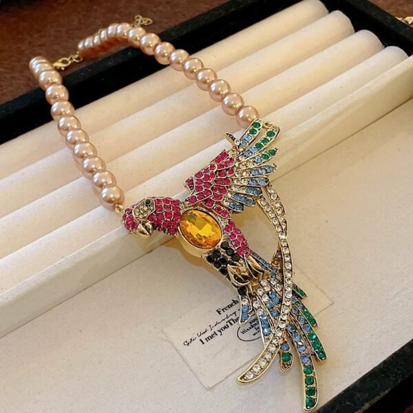 Rhinestone Inlaid Bird Design Colorful Parrot Dangle Earrings with Imitation Pearl Chain Pendant Necklace Maximelism - Image 5
