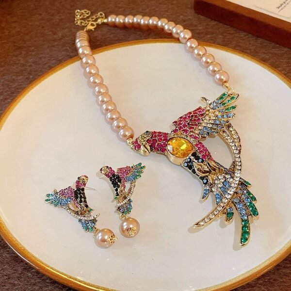 Rhinestone Inlaid Bird Design Colorful Parrot Dangle Earrings with Imitation Pearl Chain Pendant Necklace Maximelism - Image 3