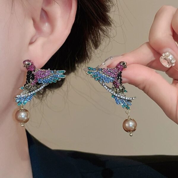 Rhinestone Inlaid Bird Design Colorful Parrot Dangle Earrings with Imitation Pearl Chain Pendant Necklace Maximelism - Image 6
