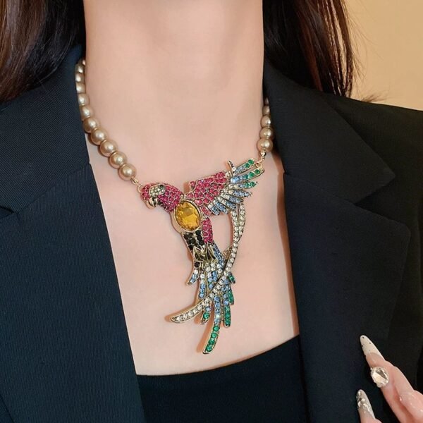 Rhinestone Inlaid Bird Design Colorful Parrot Dangle Earrings with Imitation Pearl Chain Pendant Necklace Maximelism - Image 2