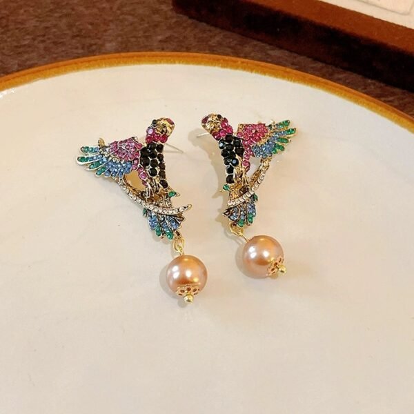 Rhinestone Inlaid Bird Design Colorful Parrot Dangle Earrings with Imitation Pearl Chain Pendant Necklace Maximelism - Image 4