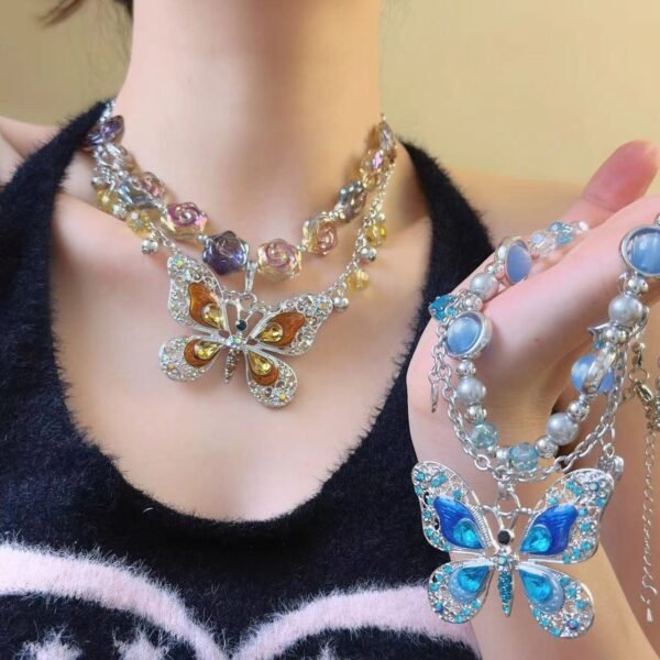 Y2K Style Enamel Color Butterfly Charm Necklace Silver Color Chain Brown /Blue