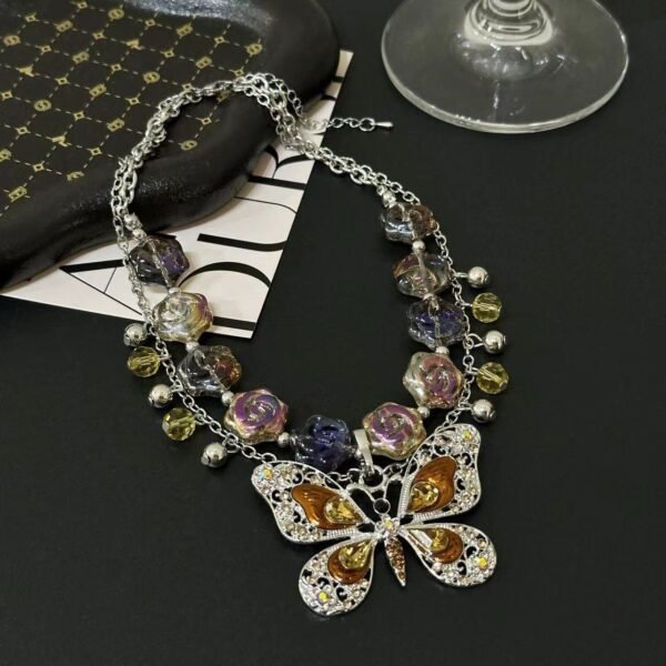 Y2K Style Enamel Color Butterfly Charm Necklace Silver Color Chain Brown /Blue - Image 6