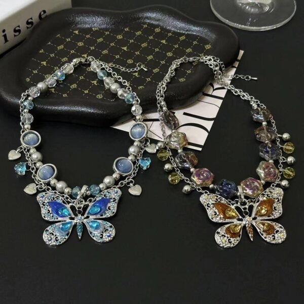 Y2K Style Enamel Color Butterfly Charm Necklace Silver Color Chain Brown /Blue - Image 4