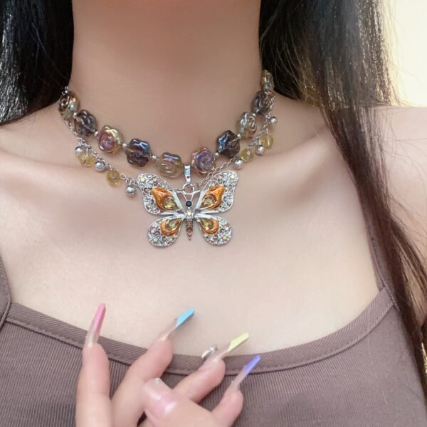Y2K Style Enamel Color Butterfly Charm Necklace Silver Color Chain Brown /Blue - Image 5