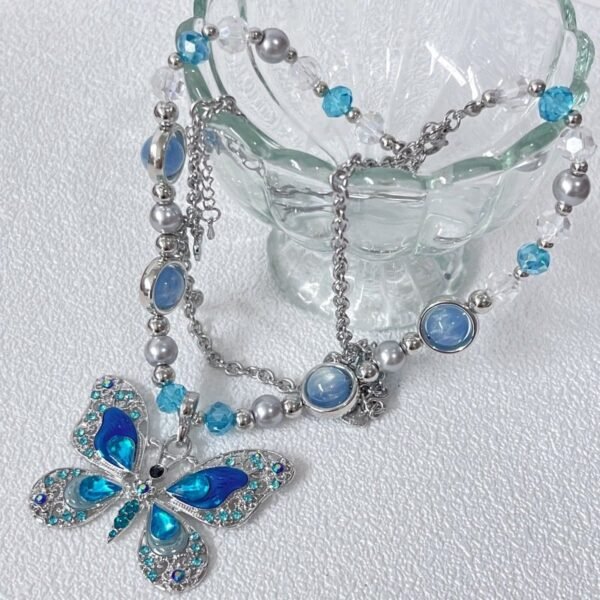 Y2K Style Enamel Color Butterfly Charm Necklace Silver Color Chain Brown /Blue - Image 2