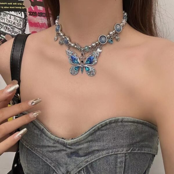 Y2K Style Enamel Color Butterfly Charm Necklace Silver Color Chain Brown /Blue - Image 3