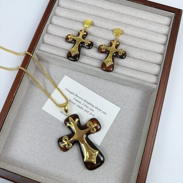 Cross Shape Pendant Long Necklace Dangle Earrings with Brown Resin Gold Color Flower Cross Religious Jewelry Set