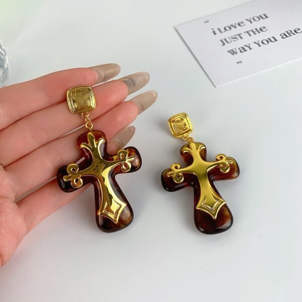Cross Shape Pendant Long Necklace Dangle Earrings with Brown Resin Gold Color Flower Cross Religious Jewelry Set - Image 4