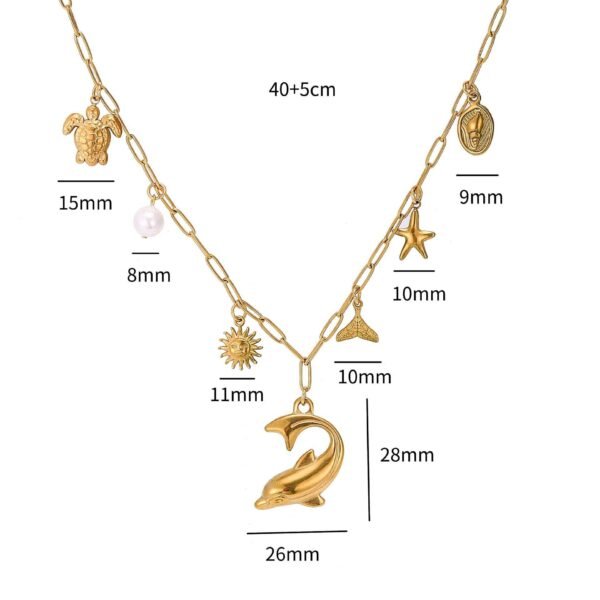 18k Gold Plated Stainless Steel Beach Theme Summer Vibe Charm Necklace with Star Fish Sea Shell Turtle Charms - Image 6