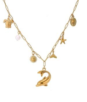 18k Gold Plated Stainless Steel Beach Theme Summer Vibe Charm Necklace with Star Fish Sea Shell Turtle Charms