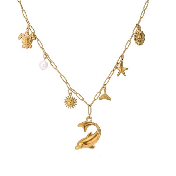 18k Gold Plated Stainless Steel Beach Theme Summer Vibe Charm Necklace with Star Fish Sea Shell Turtle Charms
