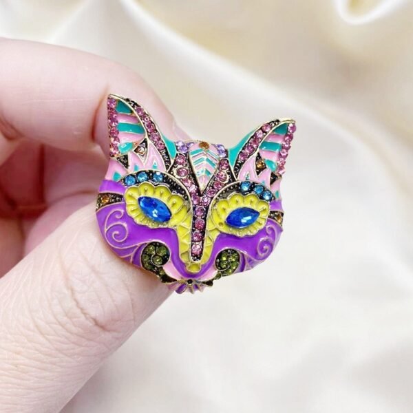 Colorful Enamel Cute Cat Face Rhinestone Inlaid Small Brooch - Image 3