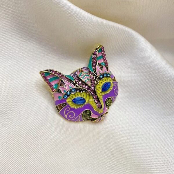 Colorful Enamel Cute Cat Face Rhinestone Inlaid Small Brooch - Image 7
