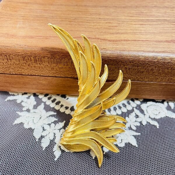 Vintage Design Matte Gold Wing Shape Dainty Sand Gold Color Feather Shape Stud Earrings / Brooch / Set - Image 2