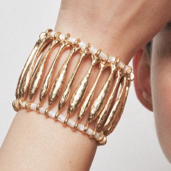 Gold Color Maximelism Style Long Fish Statement Piece Elastic Band Fish Bracelet Jewelry Set - Image 8