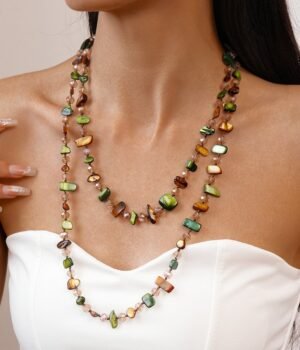 Boho Style Long Sweater Chain Painted Shell Pieces Layer Necklace Green Color
