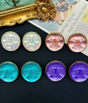 18k Gold Plated Vintage Style Moon Face Big Round Stud Earrings Blue / Purple / Pink / White Color
