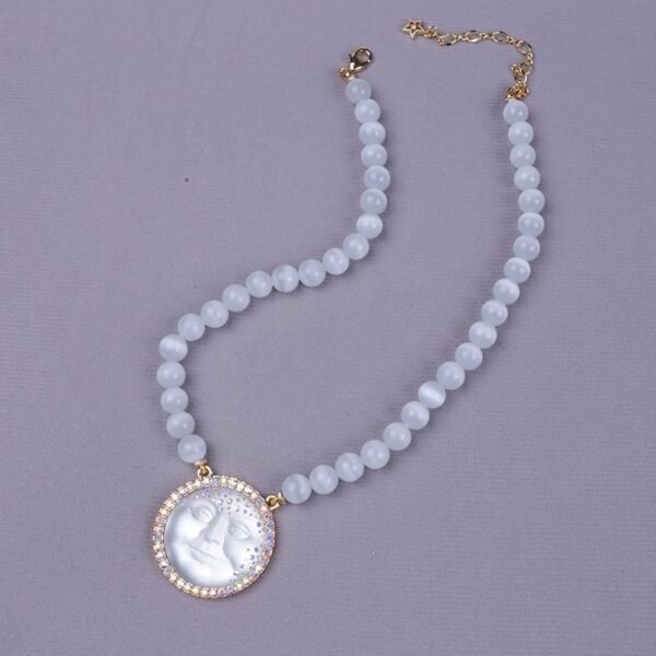 18k Gold Plated Vintage Style Moon Face Round  Pendant Cat Eye Stone Beaded Chain Purple / Pink / White / Blue - Image 4