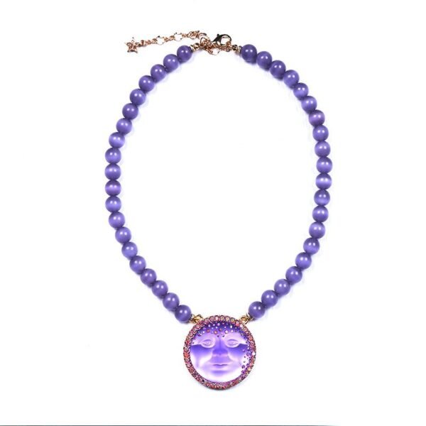 18k Gold Plated Vintage Style Moon Face Round  Pendant Cat Eye Stone Beaded Chain Purple / Pink / White / Blue - Image 6