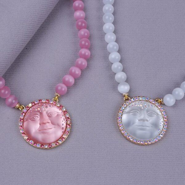 18k Gold Plated Vintage Style Moon Face Round  Pendant Cat Eye Stone Beaded Chain Purple / Pink / White / Blue - Image 3
