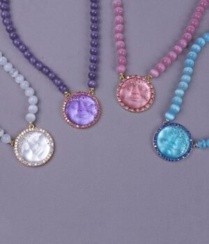 18k Gold Plated Vintage Style Moon Face Round  Pendant Cat Eye Stone Beaded Chain Purple / Pink / White / Blue